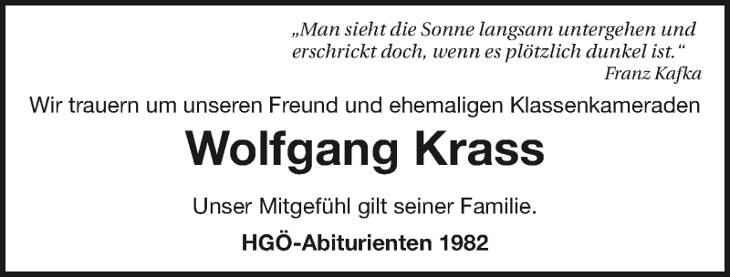  Traueranzeige für Wolfgang Krass vom 11.08.2015 aus 