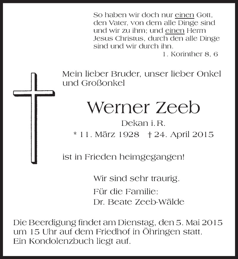  Traueranzeige für Werner Zeeb vom 30.04.2015 aus 