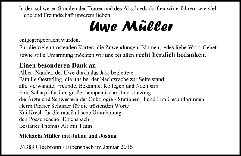  Traueranzeige für Uwe Müller vom 08.01.2016 aus 