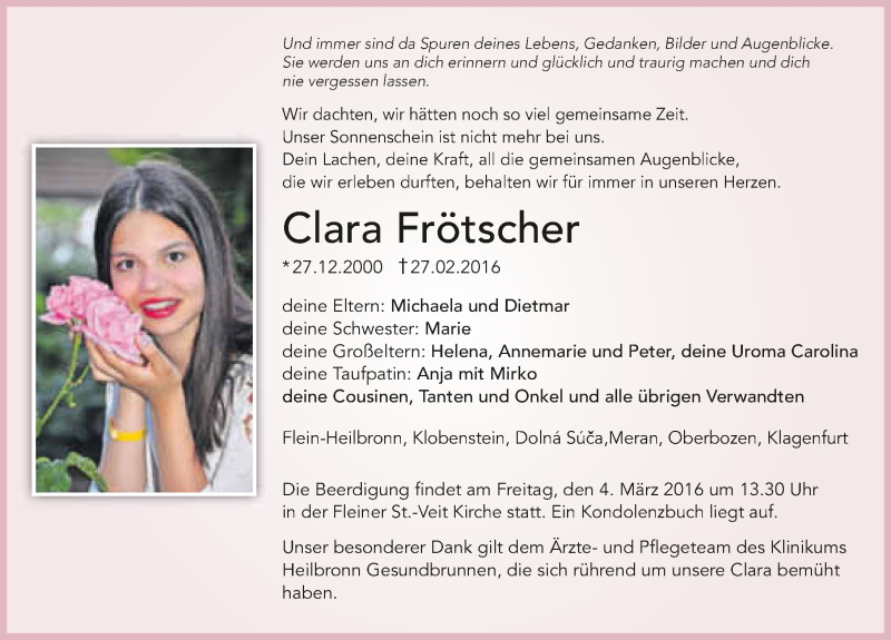  Traueranzeige für Clara Frötscher vom 01.03.2016 aus 