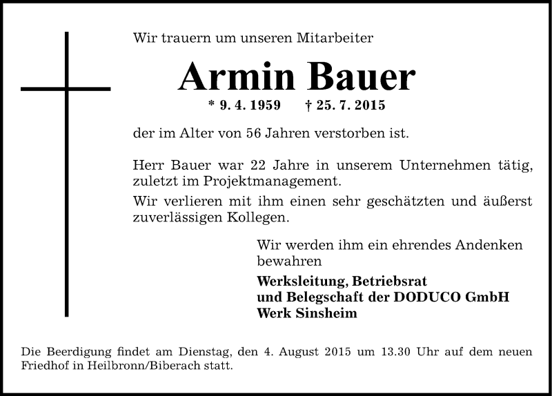  Traueranzeige für Armin Bauer vom 03.08.2015 aus 