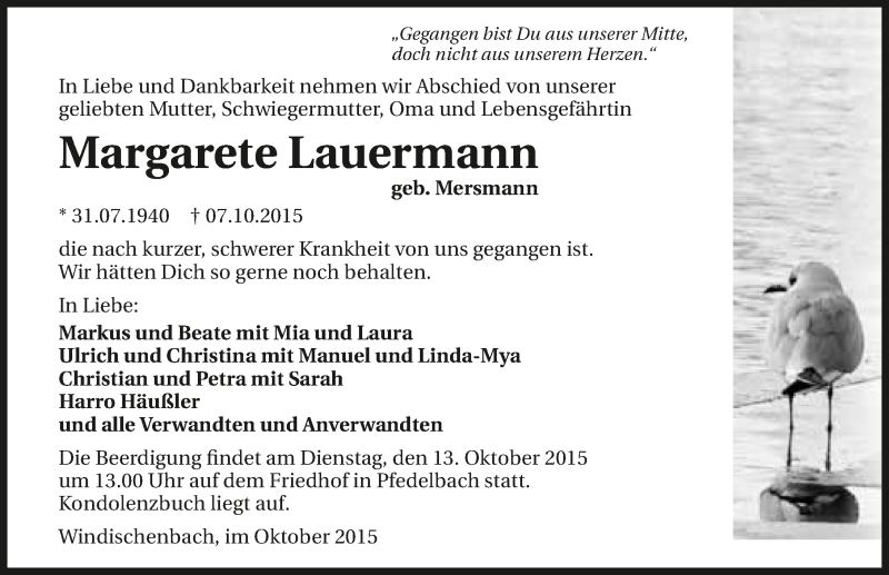  Traueranzeige für Margarete Lauermann vom 10.10.2015 aus 