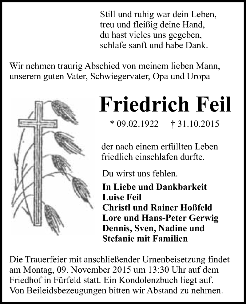 Traueranzeige für Friedrich Feil vom 06.11.2015 aus 