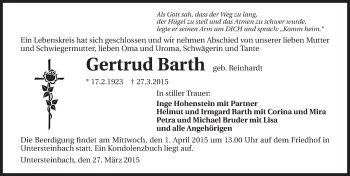 Traueranzeige von Gertrud Barth 