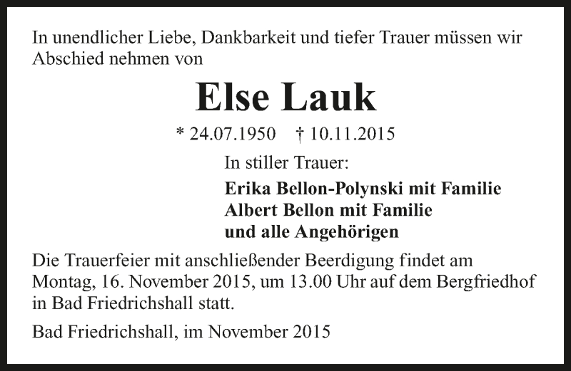  Traueranzeige für Else Lauk vom 13.11.2015 aus 