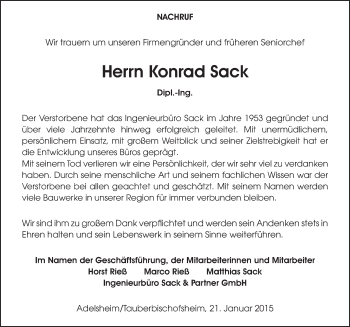 Traueranzeige von Konrad Sack 