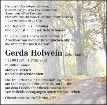 Traueranzeige von Gerda Holwein 