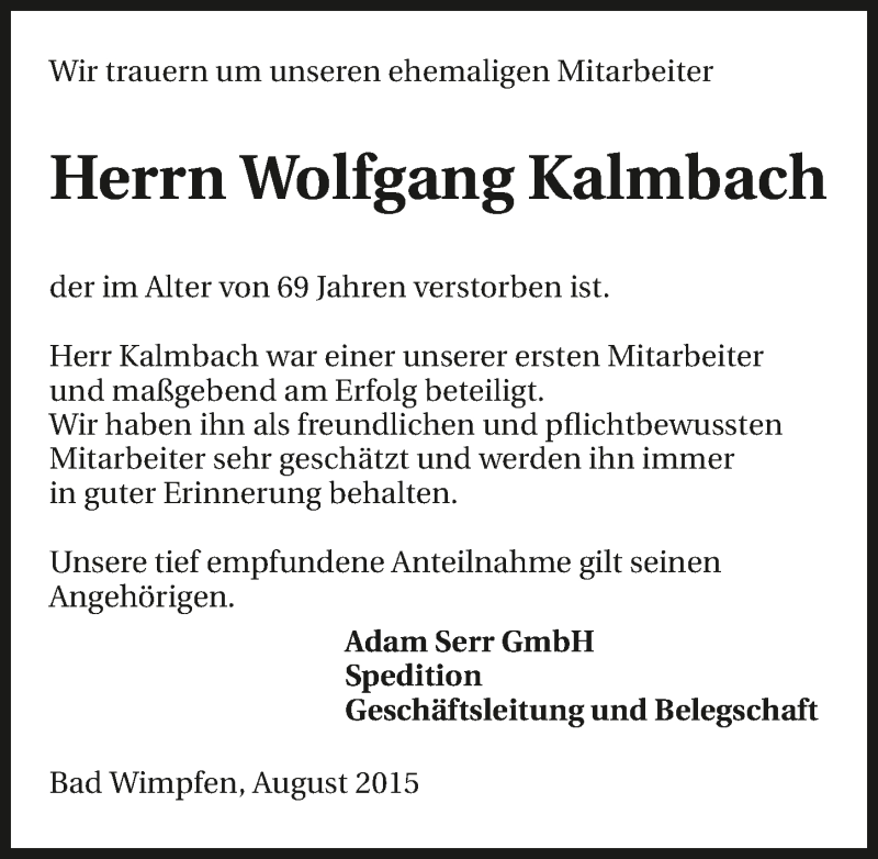  Traueranzeige für Wolfgang Kalmbach vom 18.08.2015 aus 
