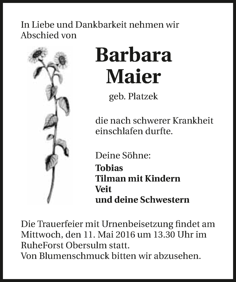  Traueranzeige für Barbara Maier vom 07.05.2016 aus 