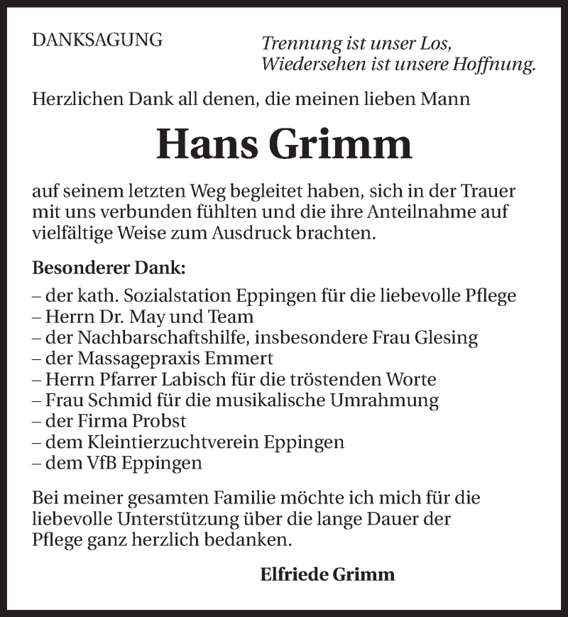  Traueranzeige für Hans Grimm vom 25.04.2015 aus 