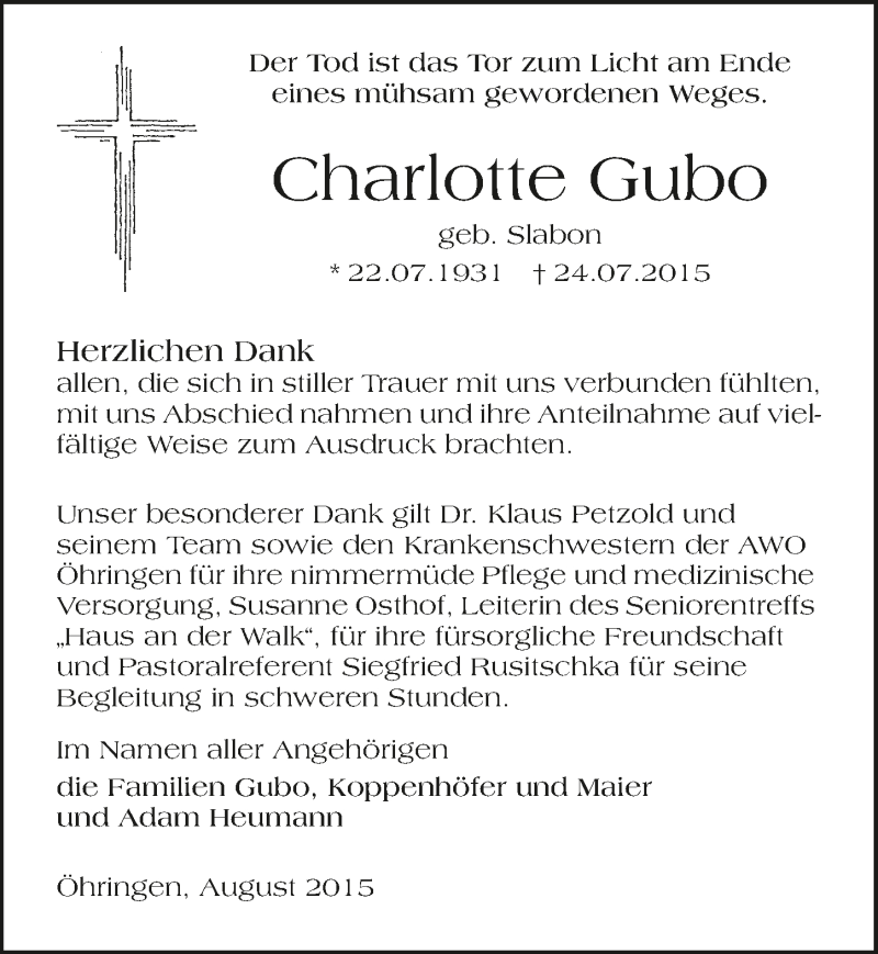  Traueranzeige für Charlotte Gubo vom 29.08.2015 aus 