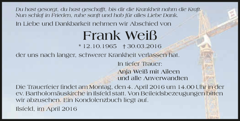  Traueranzeige für Frank Weiß vom 01.04.2016 aus 
