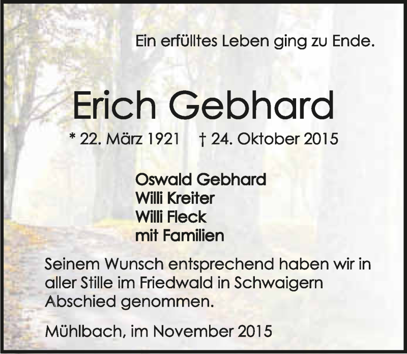  Traueranzeige für Erich Gebhard vom 16.11.2015 aus 