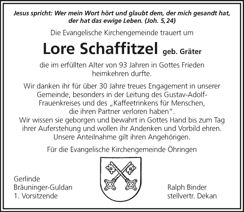  Traueranzeige für Lore Schaffitzel vom 05.06.2015 aus 