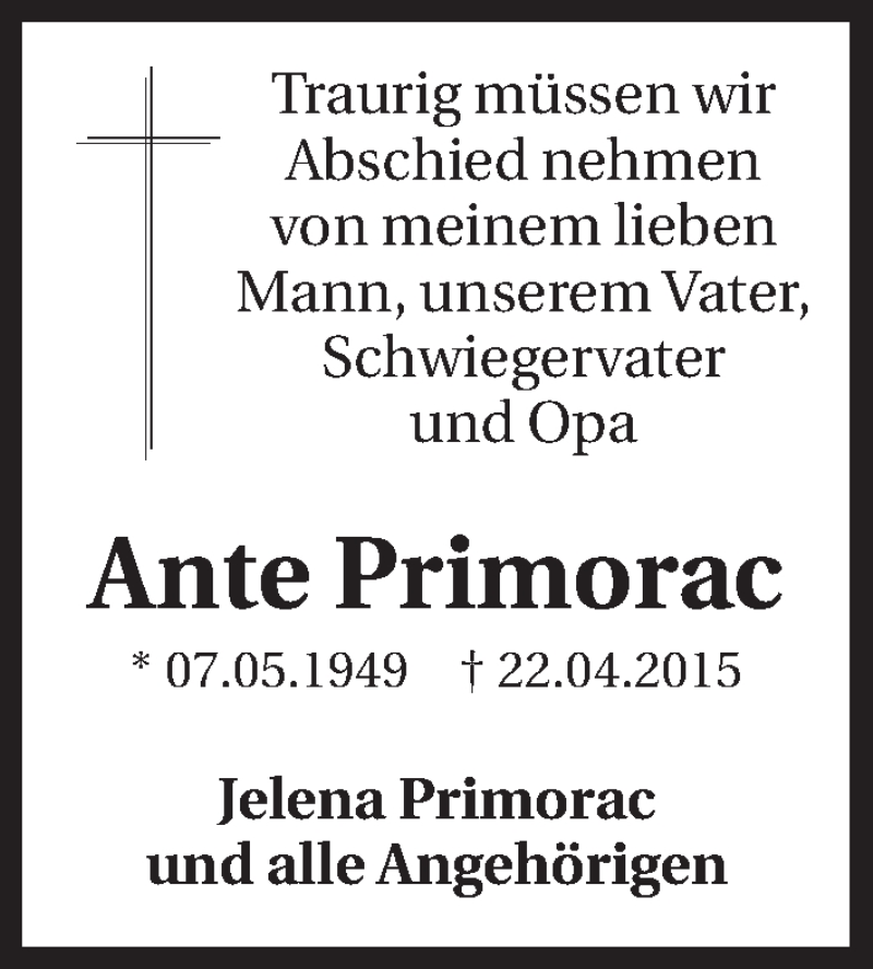 Traueranzeige für Ante Primorac vom 25.04.2015 aus 