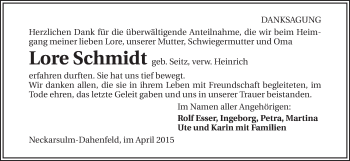 Traueranzeige von Lore Schmidt 