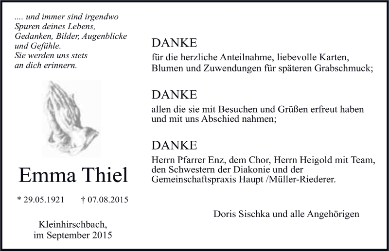  Traueranzeige für Emma Thiel vom 12.09.2015 aus 
