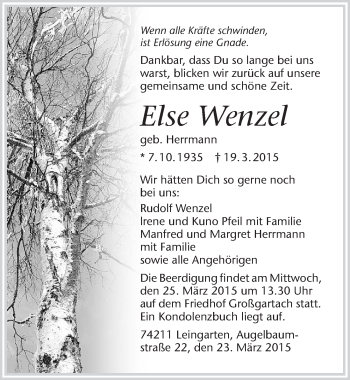 Traueranzeige von Else Wenzel 
