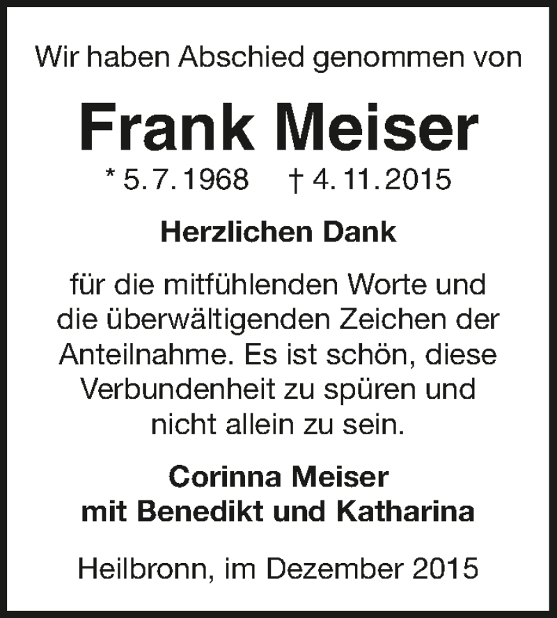  Traueranzeige für Frank Meiser vom 12.12.2015 aus 