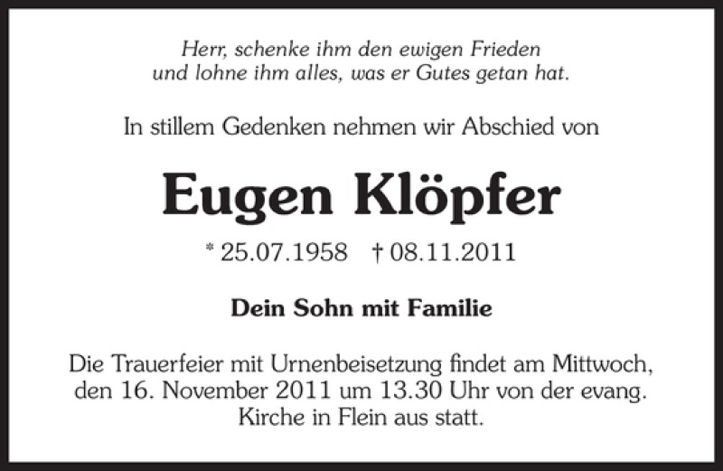  Traueranzeige für Eugen Klöpfer vom 11.11.2011 aus 