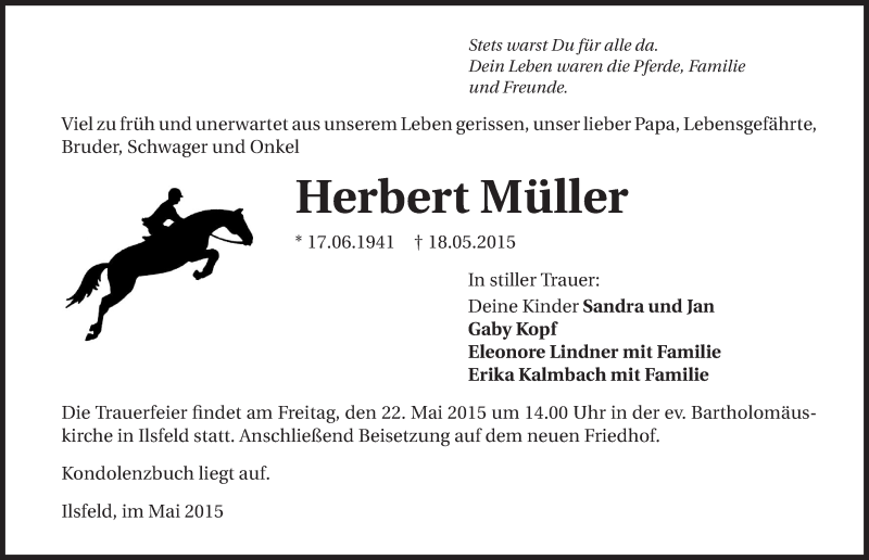  Traueranzeige für Herbert Müller vom 20.05.2015 aus 