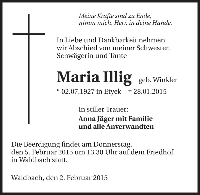  Traueranzeige für Maria Illig vom 02.02.2015 aus 