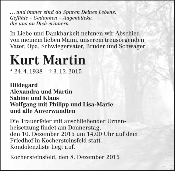 Traueranzeige von Kurt Martin 
