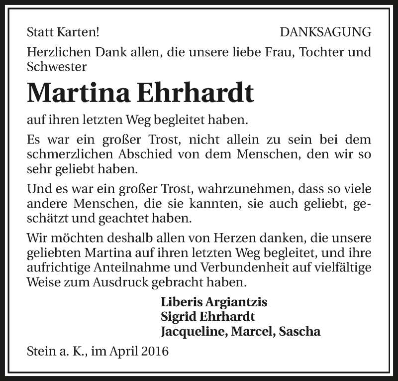  Traueranzeige für Martina Erhardt vom 23.04.2016 aus 
