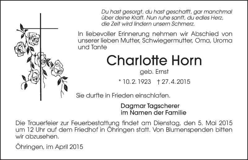  Traueranzeige für Carlotte Horn vom 30.04.2015 aus 