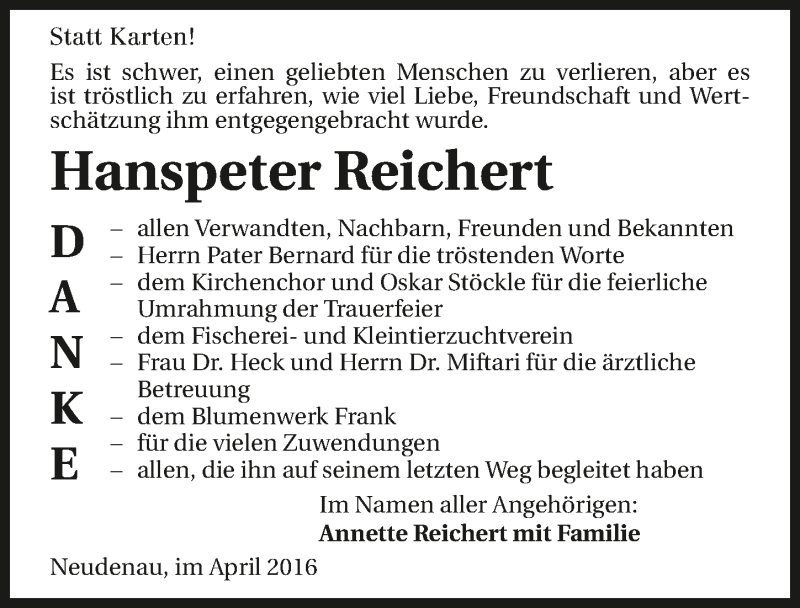  Traueranzeige für Hanspeter Reichert vom 16.04.2016 aus 