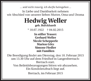 Traueranzeige von Hedwig Weller 