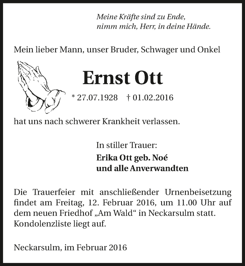  Traueranzeige für Ernst Ott vom 10.02.2016 aus 