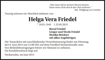 Traueranzeige von Helga Vera Friedel 
