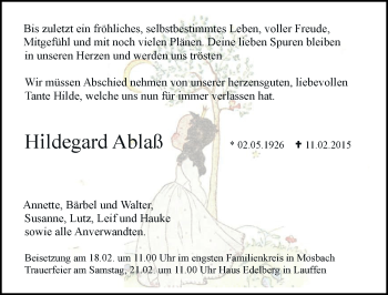 Traueranzeige von Hildegard Ablaß 