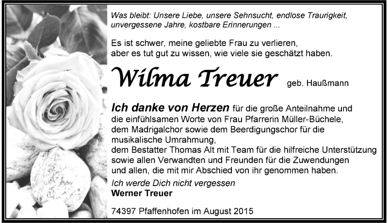  Traueranzeige für Wilma Treuer vom 22.08.2015 aus 