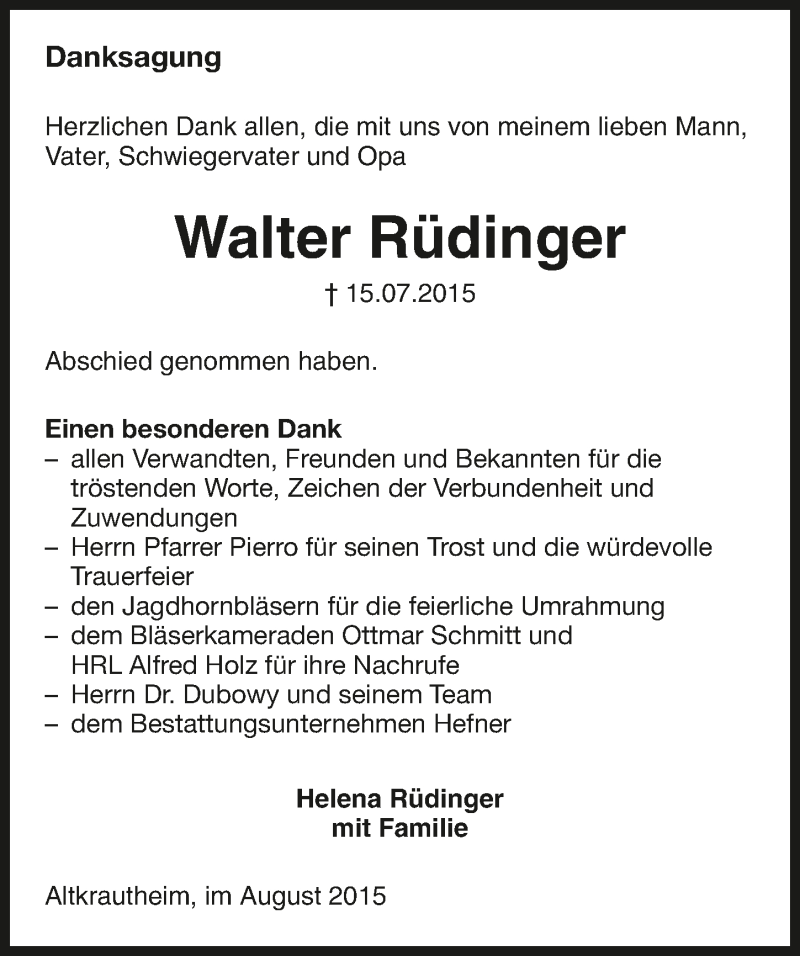 Traueranzeige für Walter Rüdinger vom 07.08.2015 aus 