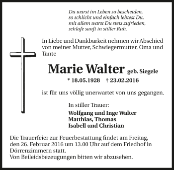 Traueranzeige von Marie Walter 