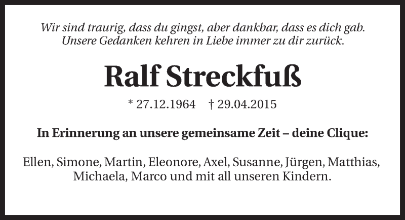  Traueranzeige für Ralf Streckfuß vom 04.05.2015 aus 