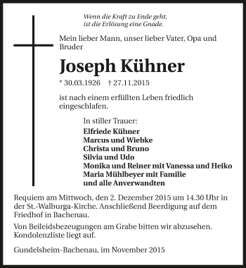 Traueranzeige von Joseph Kühner 