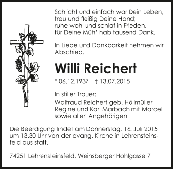 Traueranzeige von Willi Reichert 
