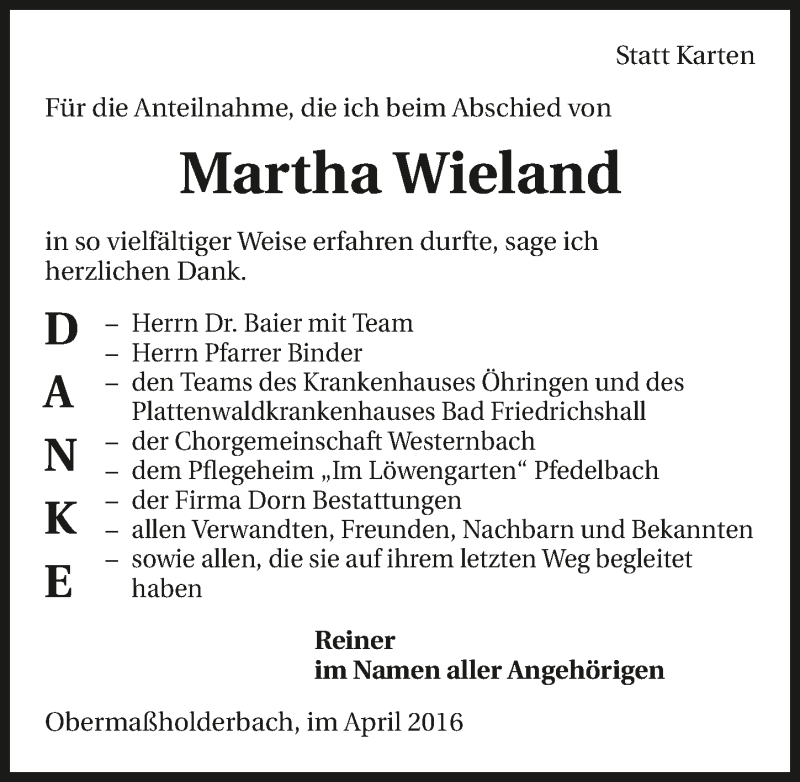  Traueranzeige für Martha Wieland vom 28.04.2016 aus 