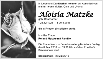 Traueranzeige von Aloisia Matzke 