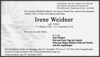 Traueranzeige von Irene Weidner 
