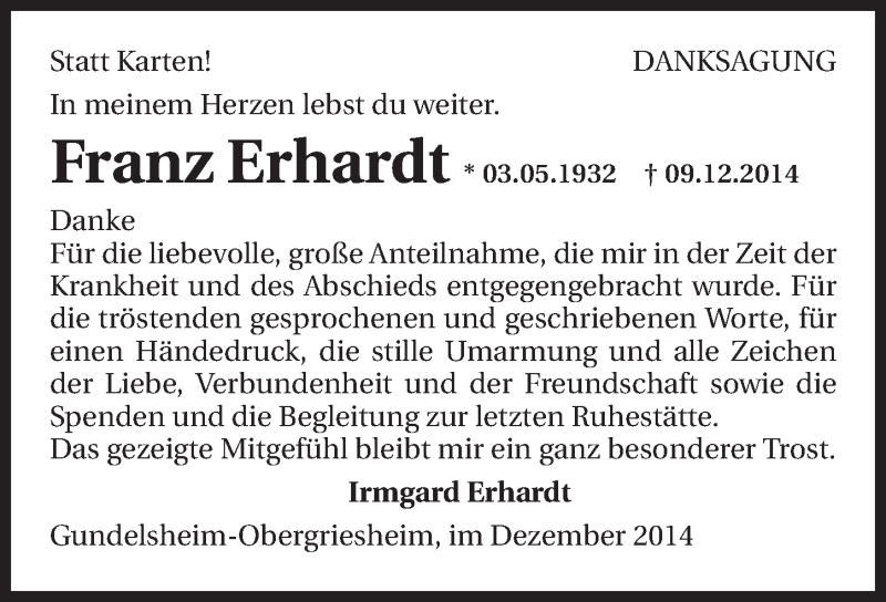  Traueranzeige für Franz Erhardt vom 30.12.2014 aus 