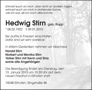 Traueranzeige von Hedwig Stirn 
