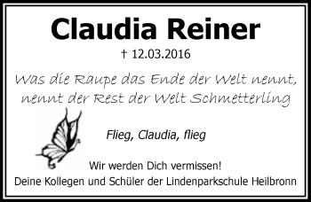 Traueranzeige von Claudia Reiner 