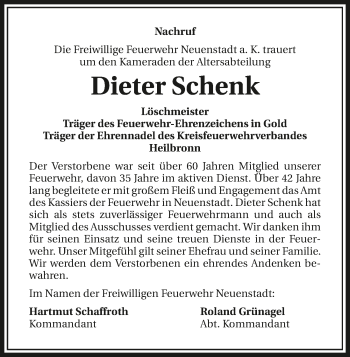 Traueranzeige von Dieter Schenk 