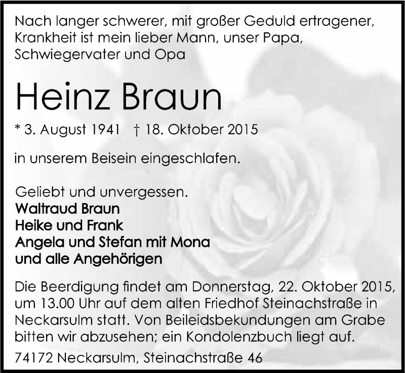  Traueranzeige für Heinz Braun vom 20.10.2015 aus 