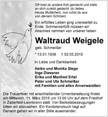 Traueranzeige von Waltraud Weigele 