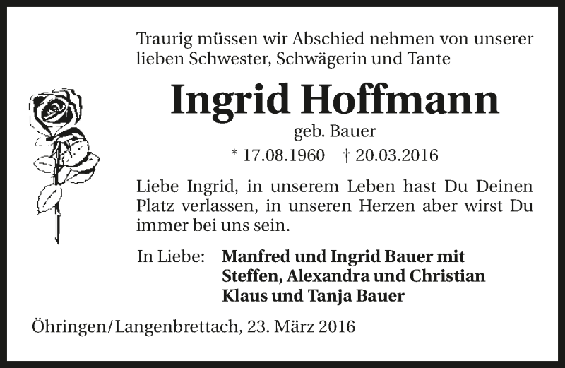  Traueranzeige für Ingrid Hoffmann vom 24.03.2016 aus 
